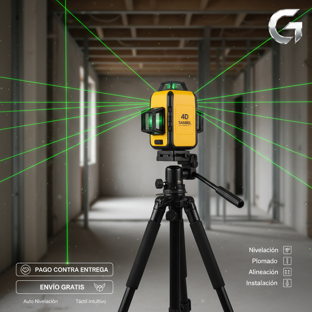 "nivel laser 4d / 16 lineas + tripode(tasbel) yelow" realista, fondo con relacion a su uso, una visión profesional, con carac.; pago contra entrega y envío gratis (logos elegantes). Agrega info de los productos como texto, información; auto nivelación, táctil intuitivo, funciones -nivelación -plomado, -alineación, -instalación. Con el logo de la letra "G" metálica (logo fuera de los productos) en la esquina superior derecha. que los textos sean visibles, aparte de los productos, medida 1024x1024 